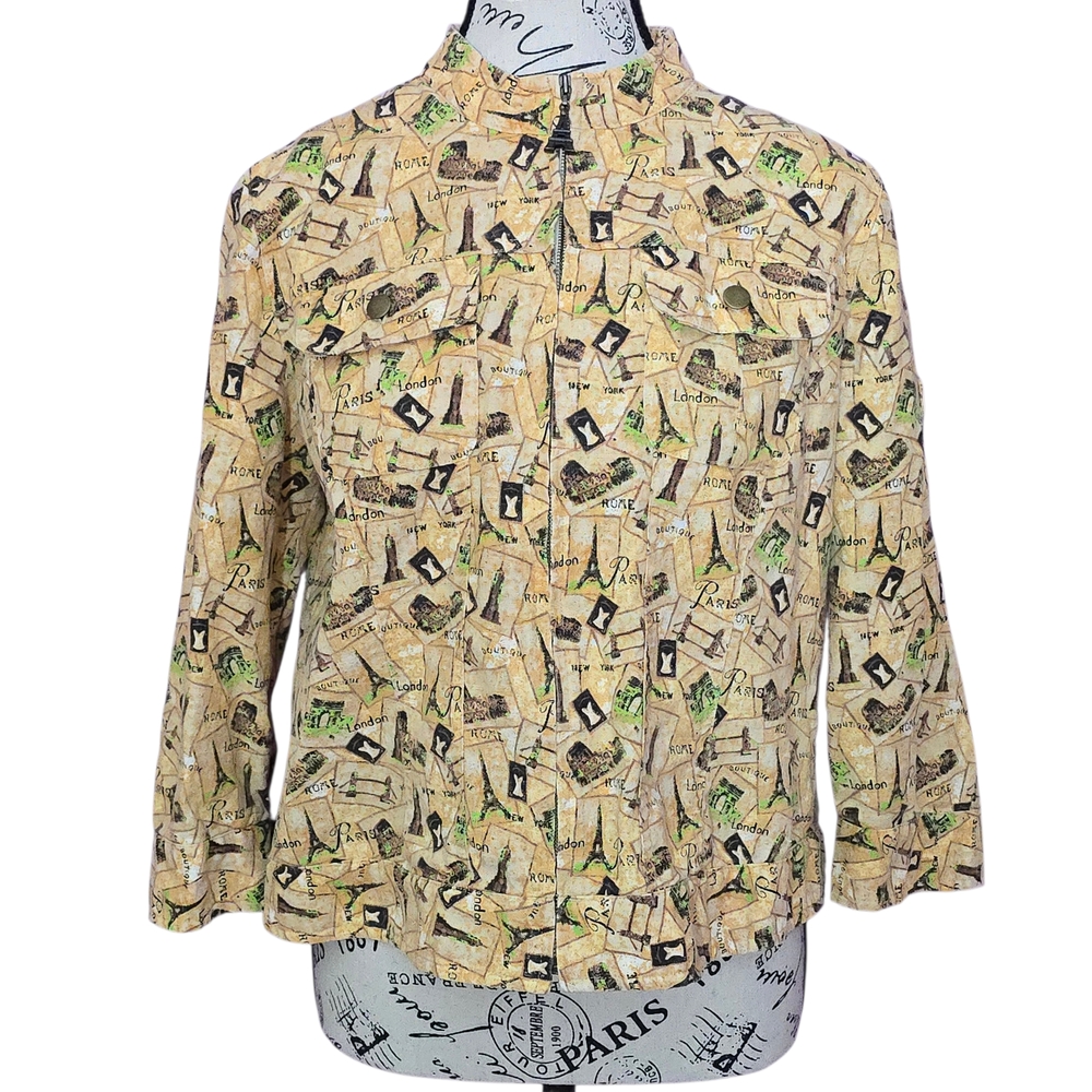 Christopher & Banks Linen Cotton Paris London, Rome Print Beige Zip Blazer M